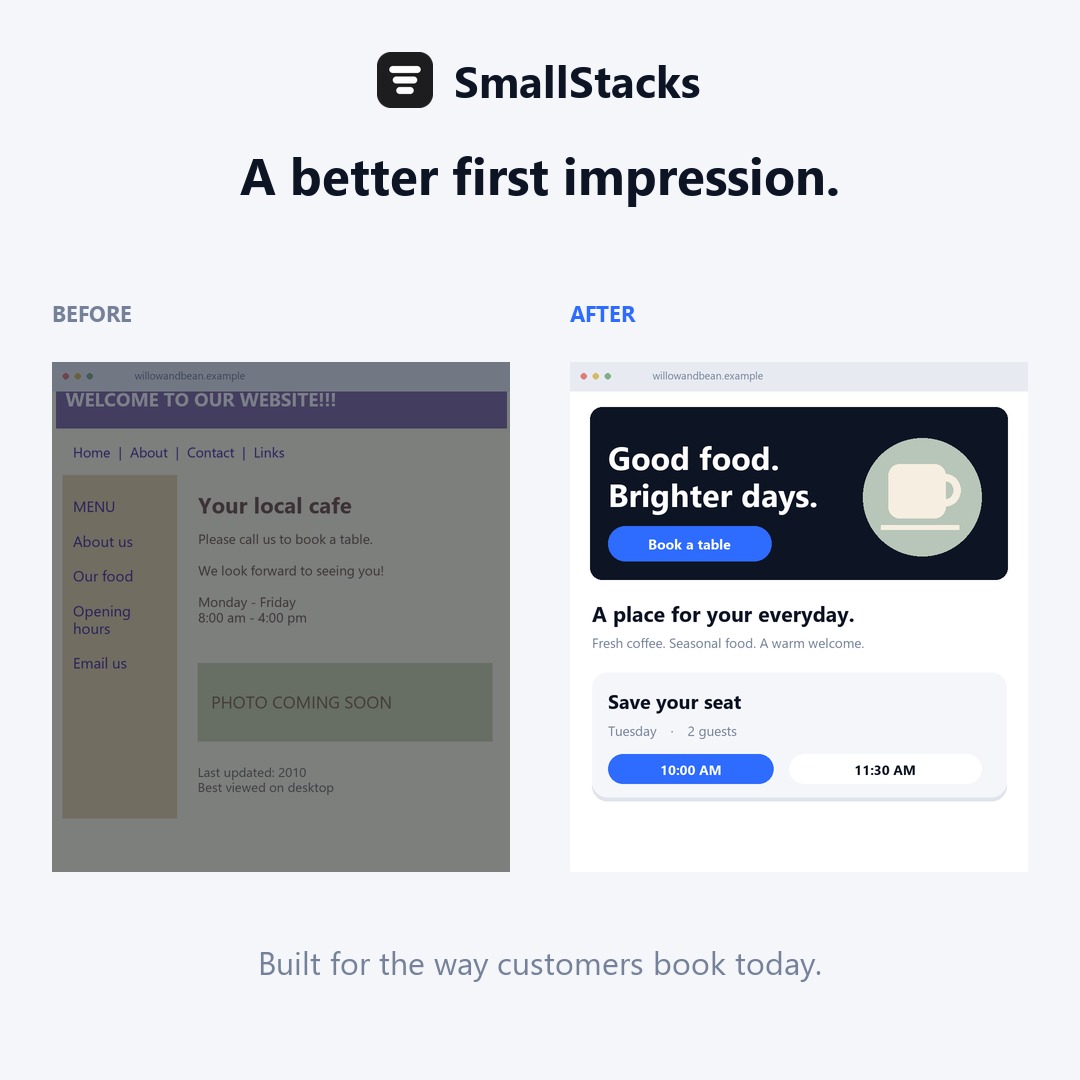 Square video ad: an outdated website beside a modern SmallStacks one