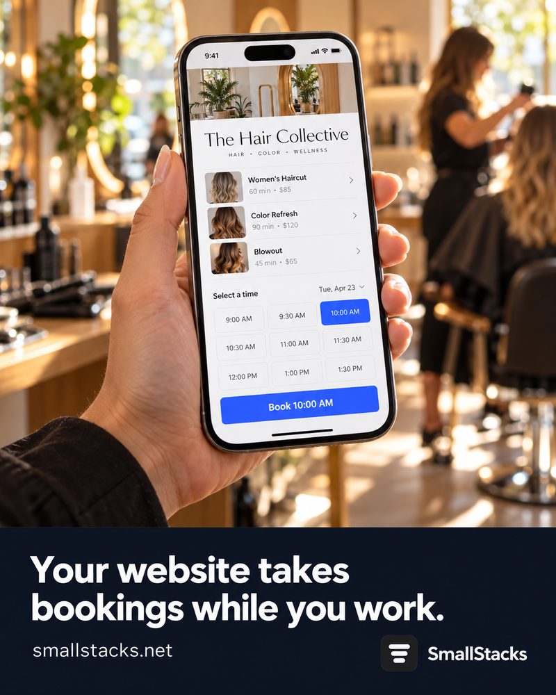 SmallStacks ad: a phone in a salon showing a website that takes bookings