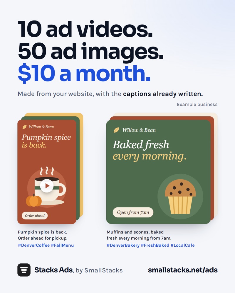 Stacks Ads ad: 10 ad videos and 50 ad images for $10 a month, with example ads for a fictional café