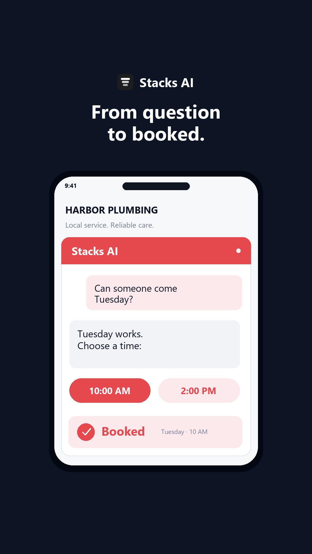 Vertical video ad for Stacks AI: a website chat assistant books an appointment